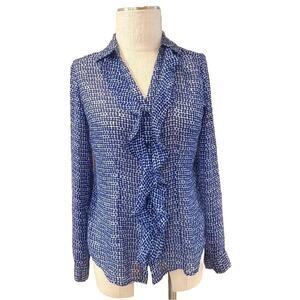New York & Company Shirt Top Womens XS Blue Polka Dot Ruffle Trim Button Down